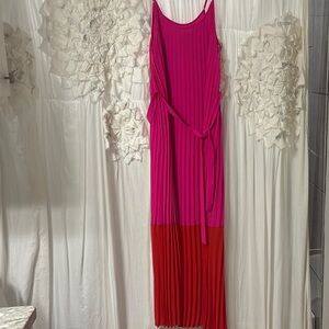 Hot Pink and Orange Sleeveless Pleated Maxi Dress